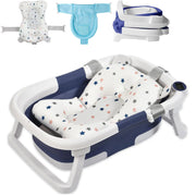 Baby bathtub with star-patterned liner and additional accessories on a white background