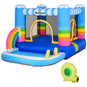 Château rebondissant pour enfants avec piscine, aire de jeu trampoline extérieure avec filet de sécurité, design arc-en-ciel et souffleur de 350W inclus (max 90 KG, âges 3–8)