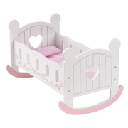 Wooden Baby Doll Rocking Crib with Heart Cutouts and Bedding Set, Sturdy Toy Doll Bed Accessories for 18-Inch Dolls (Ages 3+ Gift)
