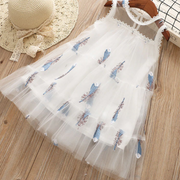 Feather Embroidery Sleeveless Girls Casual Mesh Dress
