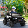 A child wearing a police hat and uniform sits in a black toy police jeep with large off-road tires, front headlights, and red-and-blue light bars, photographed outdoors on a paved path with green trees in the background.