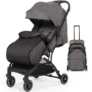 Gray and black stroller with matching backpack on a white background
