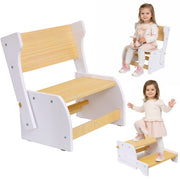 Wooden 2-in-1 Convertible Step Stool & Chair for Kids, Heavy-Duty Toddler Seat with Backrest, Non-Slip Base, and Multi-Purpose Design for Bathroom and Kitchen