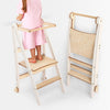 A light natural wood step ladder chair with white-painted frame, shown both folded and unfolded with a child standing on it against a clean white background.