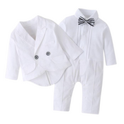 3 Pcs White Tuxedo Style Newborn Baby Rompers and Blazer Set